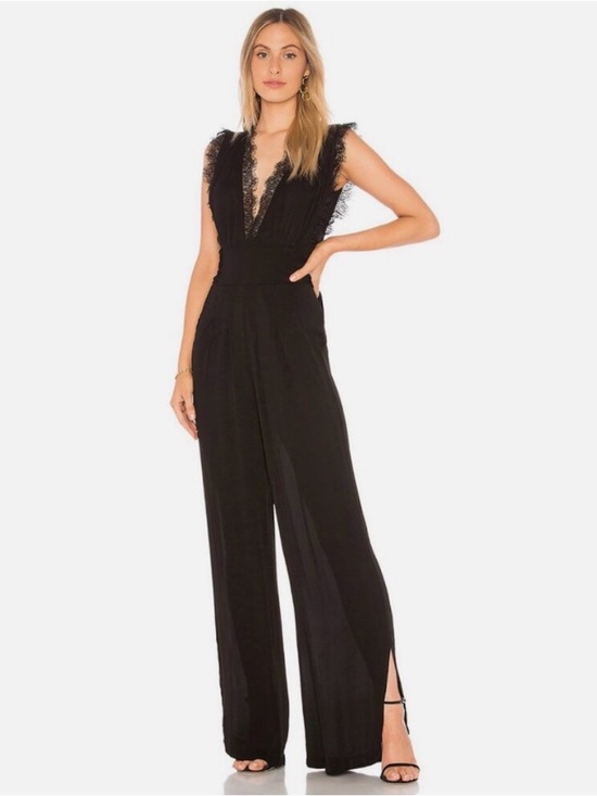 Free People Pants - Free People Cem Black Lace-Trim V-Neck Wide-Leg Jumpsuit